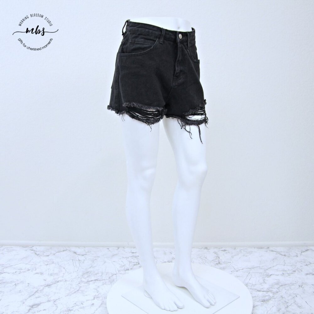 Princess Polly Distressed Denim High Waist Shorts Black Women 4